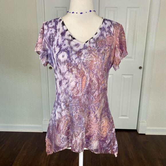 VTG Fairy Grunge Light Pink Purple Micro Mesh Flowy Asymmetric Top Blouse S - Picture 3 of 7